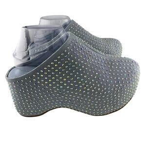 NWOT Azalea Wang Platform Denim Rhinestone Mules Size 9M